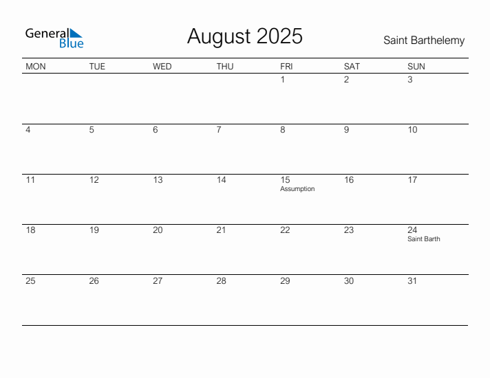 Printable August 2025 Calendar for Saint Barthelemy