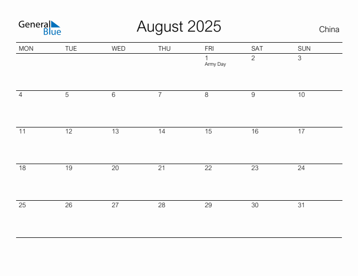 Printable August 2025 Calendar for China