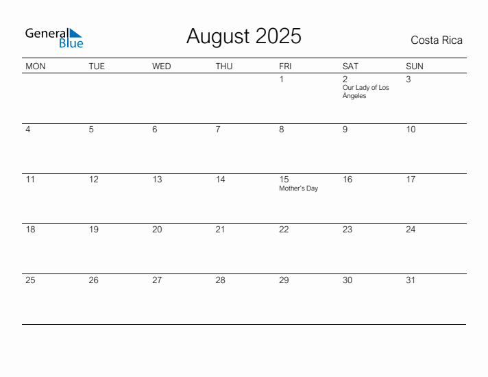 Printable August 2025 Calendar for Costa Rica