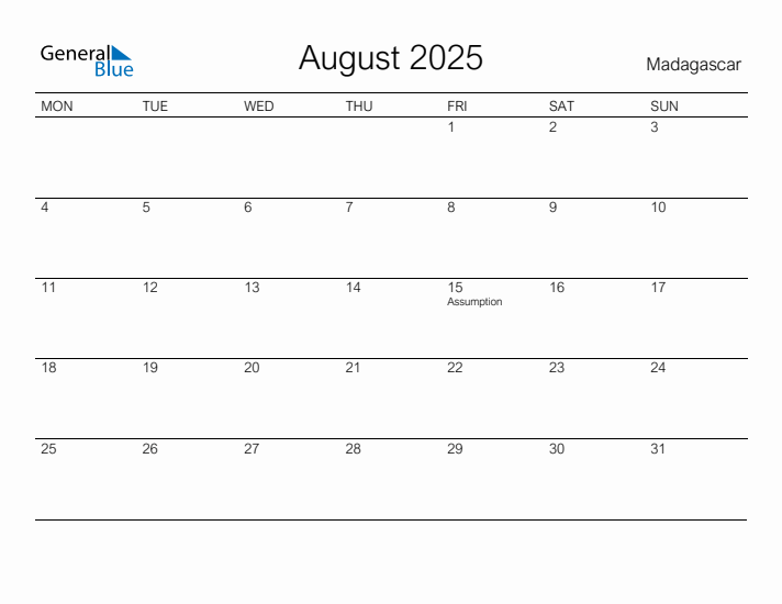 Printable August 2025 Calendar for Madagascar