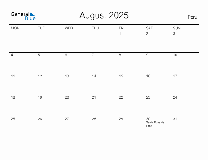 Printable August 2025 Calendar for Peru