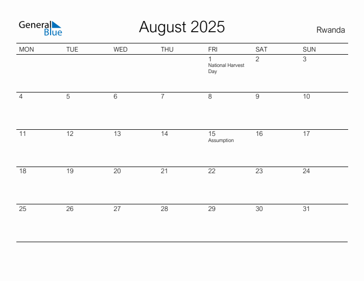 Printable August 2025 Calendar for Rwanda