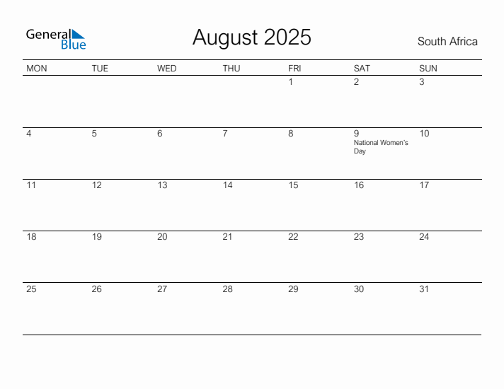 Printable August 2025 Calendar for South Africa