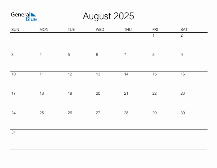 Printable August 2025 Calendar - Sunday Start