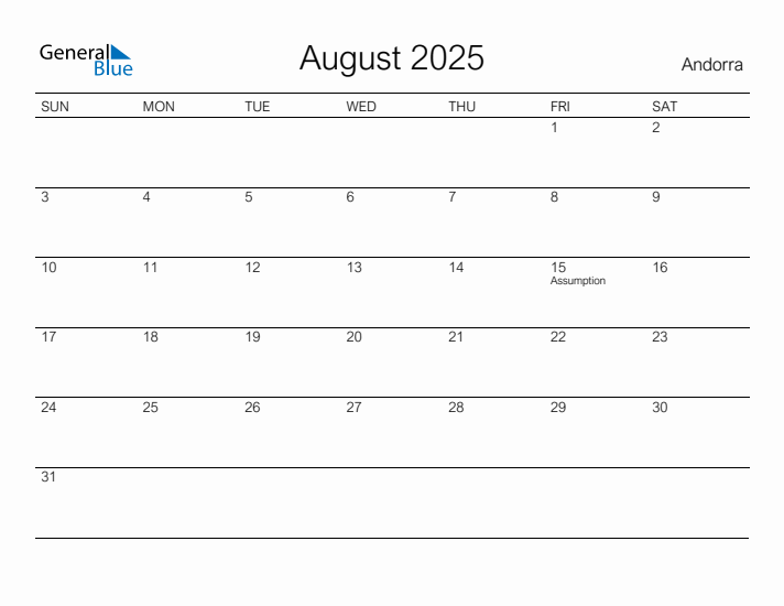 Printable August 2025 Calendar for Andorra