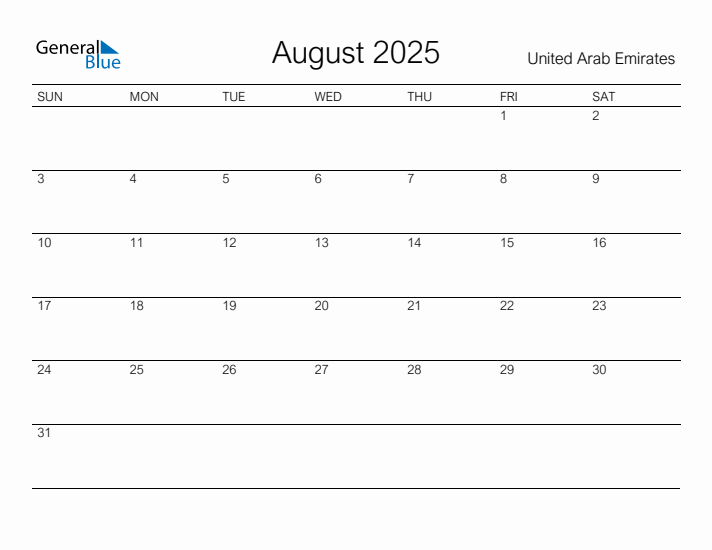 Printable August 2025 Calendar for United Arab Emirates