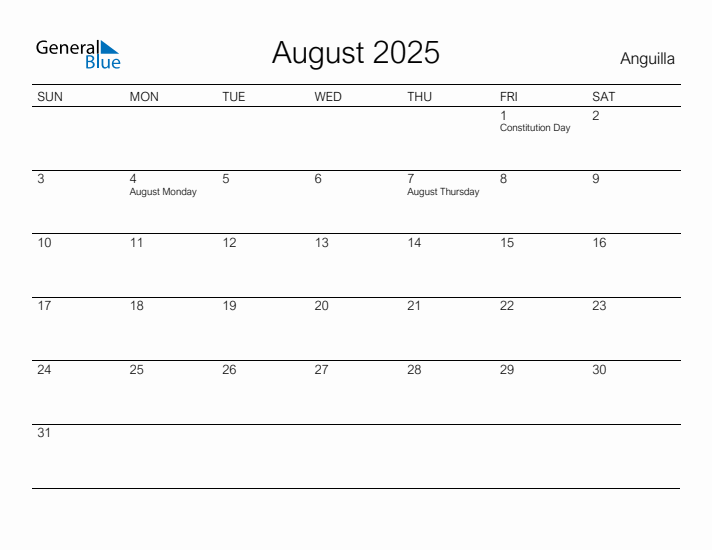 Printable August 2025 Calendar for Anguilla