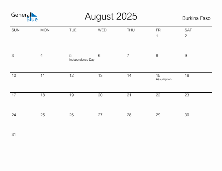 Printable August 2025 Calendar for Burkina Faso