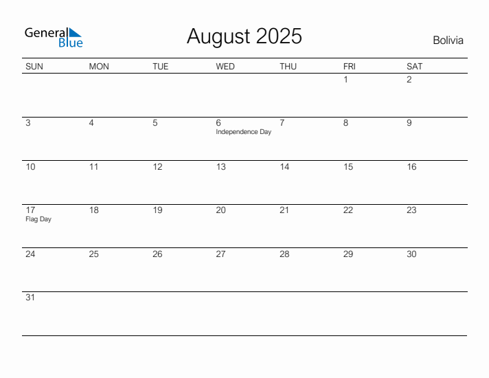 Printable August 2025 Calendar for Bolivia