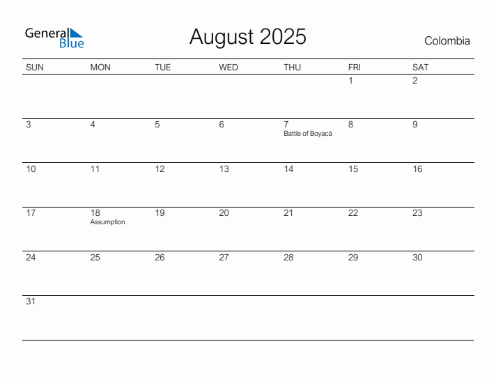 Printable August 2025 Calendar for Colombia