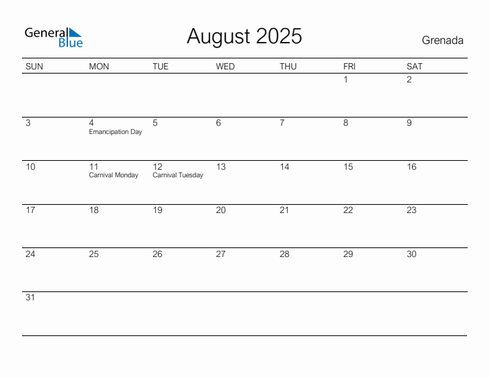 Printable August 2025 Calendar for Grenada