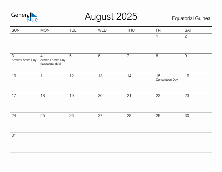 Printable August 2025 Calendar for Equatorial Guinea