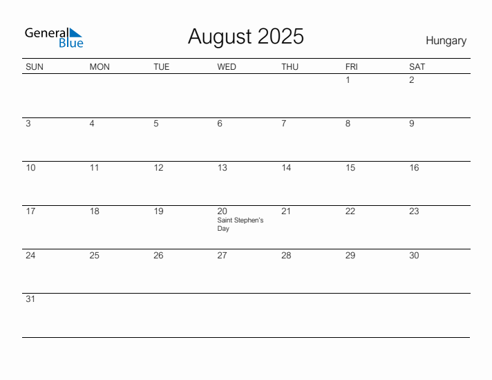 Printable August 2025 Calendar for Hungary