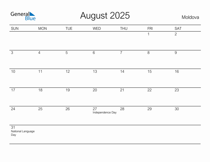 Printable August 2025 Calendar for Moldova