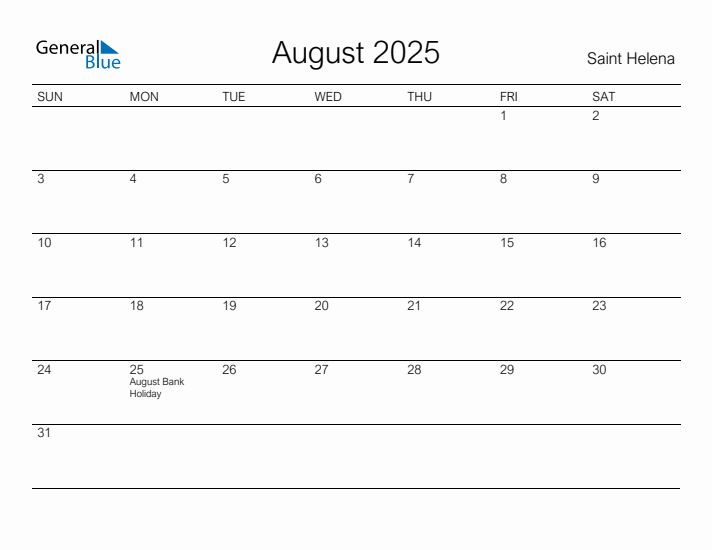 Printable August 2025 Calendar for Saint Helena