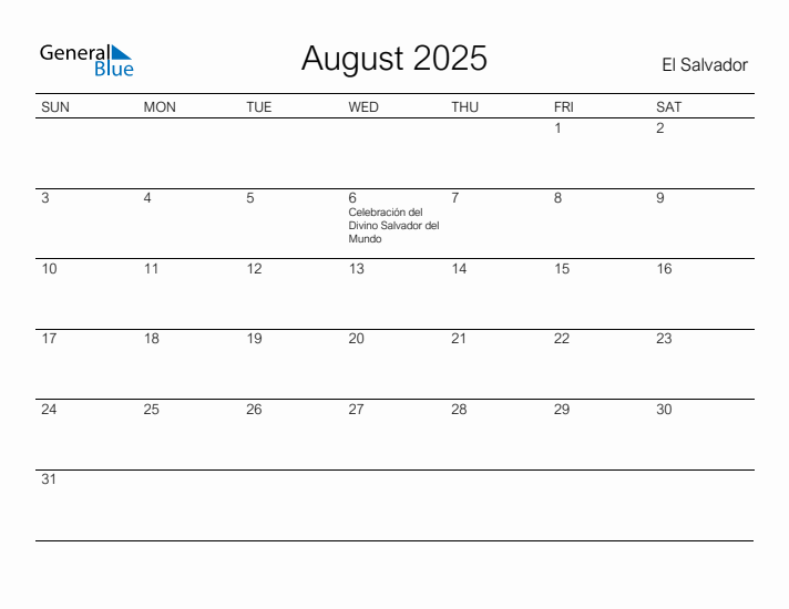 Printable August 2025 Calendar for El Salvador