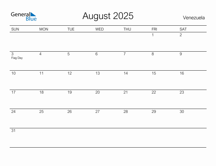 Printable August 2025 Calendar for Venezuela