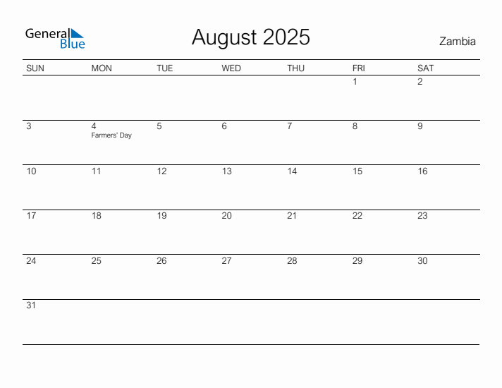 Printable August 2025 Calendar for Zambia