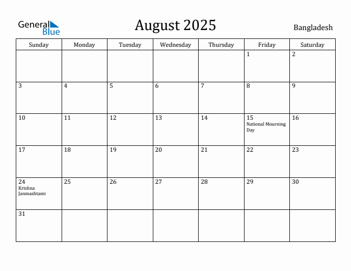 August 2025 Calendar Bangladesh