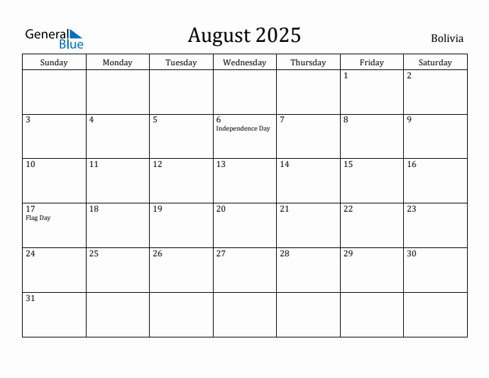 August 2025 Calendar Bolivia