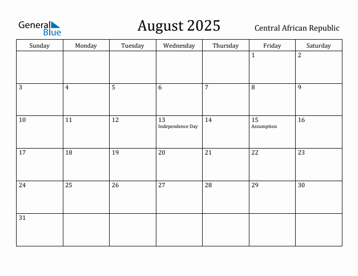 August 2025 Calendar Central African Republic