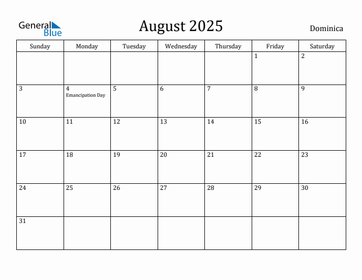 August 2025 Calendar Dominica