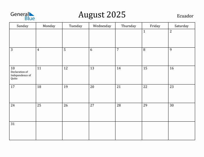 August 2025 Calendar Ecuador