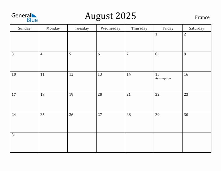 August 2025 Calendar France