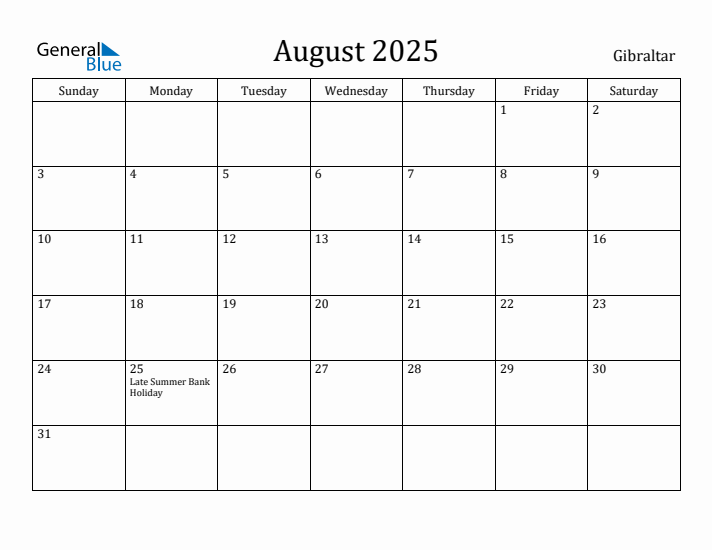 August 2025 Calendar Gibraltar