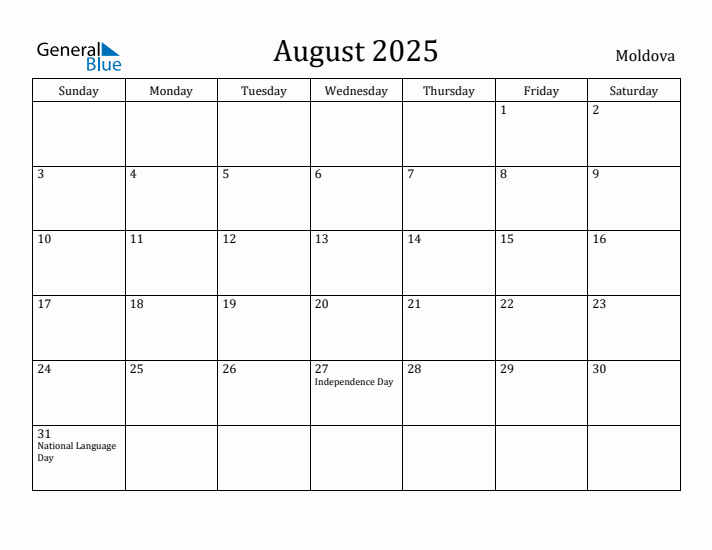 August 2025 Calendar Moldova