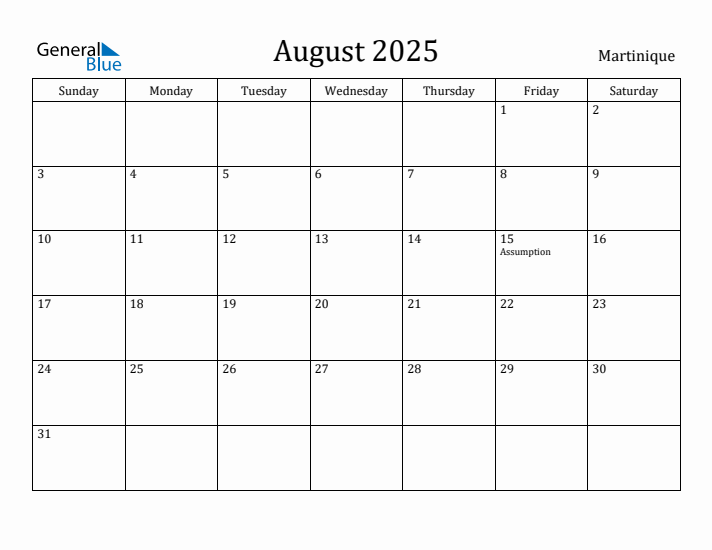 August 2025 Calendar Martinique