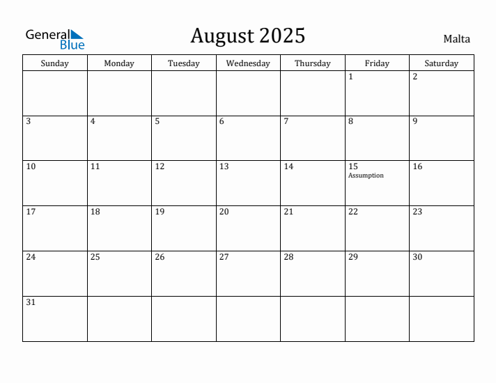 August 2025 Calendar Malta