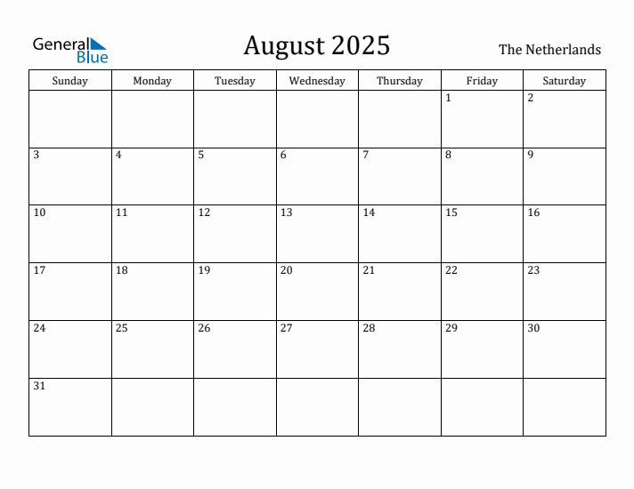 August 2025 Calendar The Netherlands