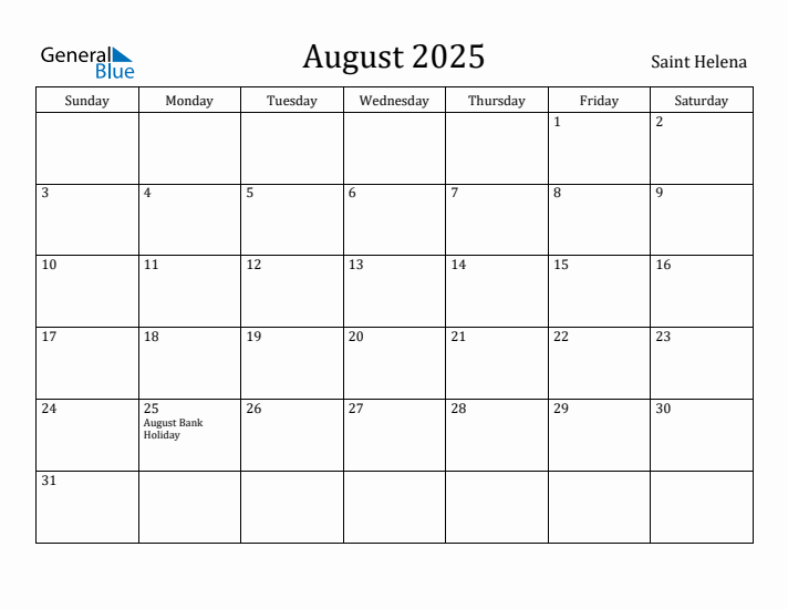 August 2025 Calendar Saint Helena