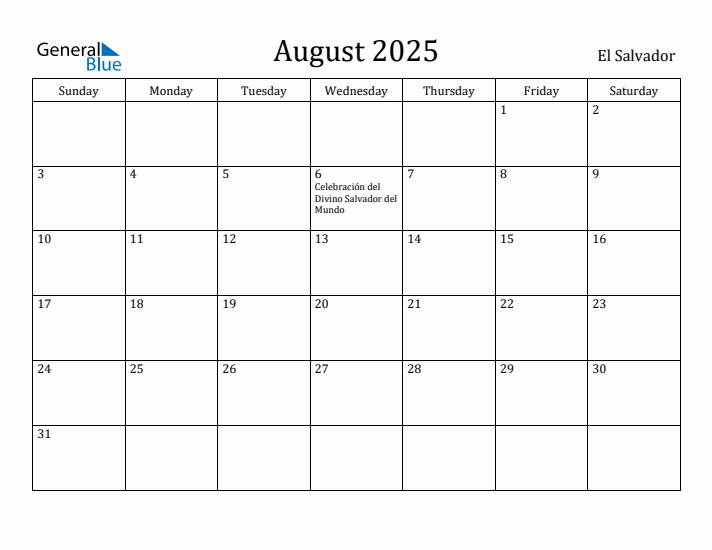 August 2025 Calendar El Salvador