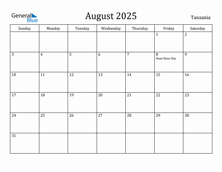 August 2025 Calendar Tanzania