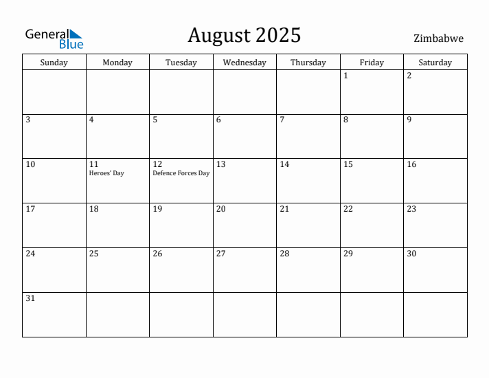 August 2025 Calendar Zimbabwe