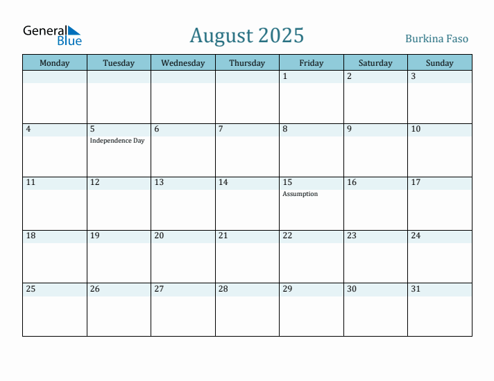 August 2025 Calendar with Holidays