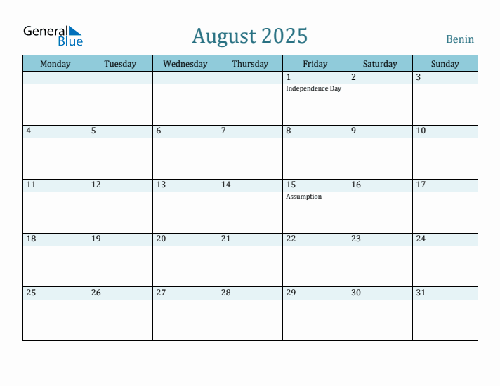 August 2025 Calendar with Holidays