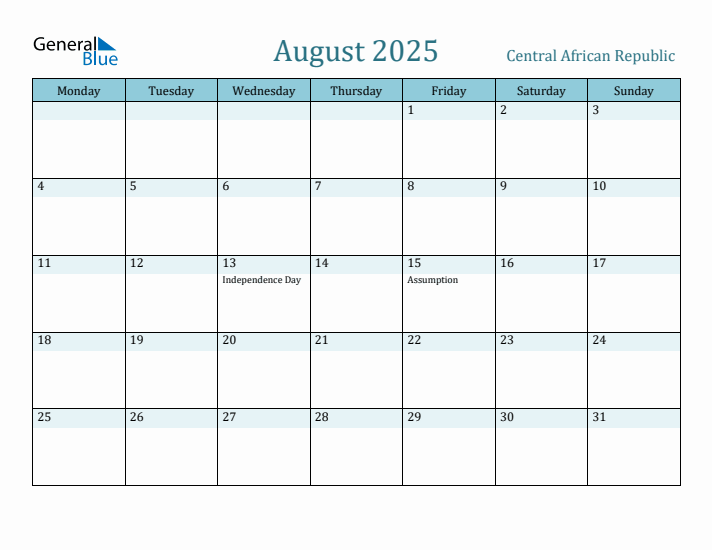 August 2025 Calendar with Holidays