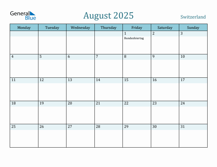 August 2025 Calendar with Holidays