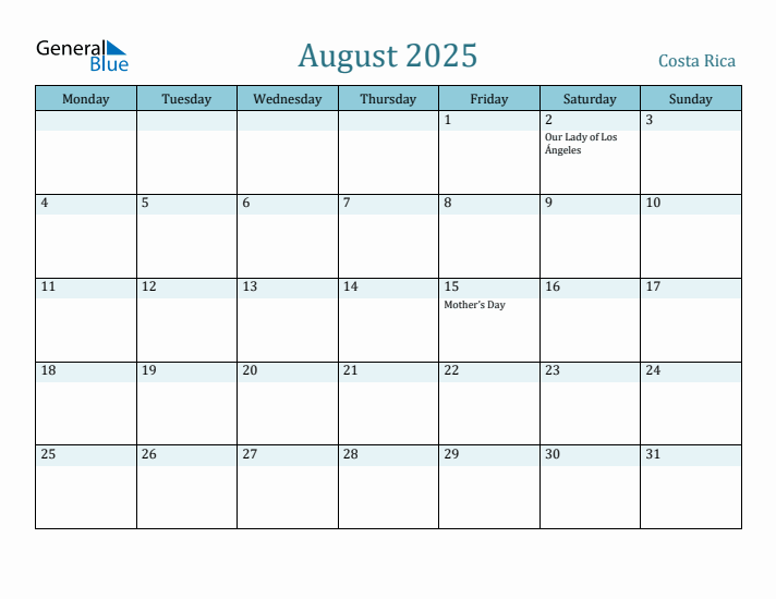 August 2025 Calendar with Holidays