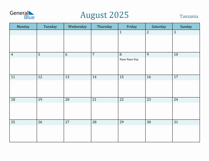 August 2025 Calendar with Holidays