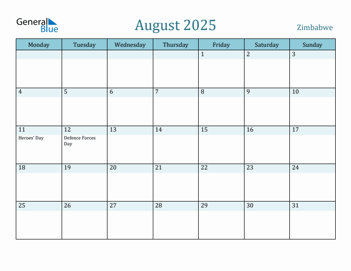 August 2025 Calendar with Holidays