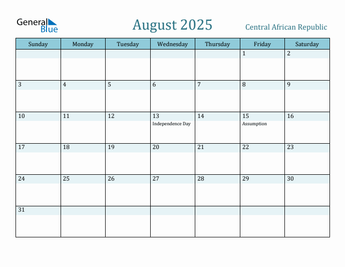 August 2025 Calendar with Holidays