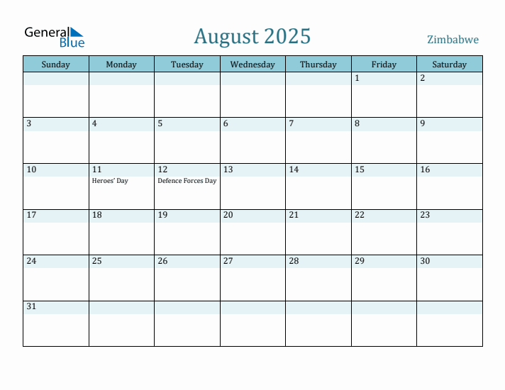 August 2025 Calendar with Holidays