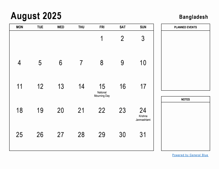 August 2025 Printable Monthly Calendar with Bangladesh Holidays