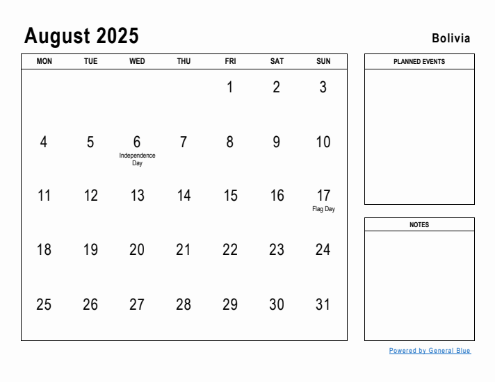 August 2025 Printable Monthly Calendar with Bolivia Holidays