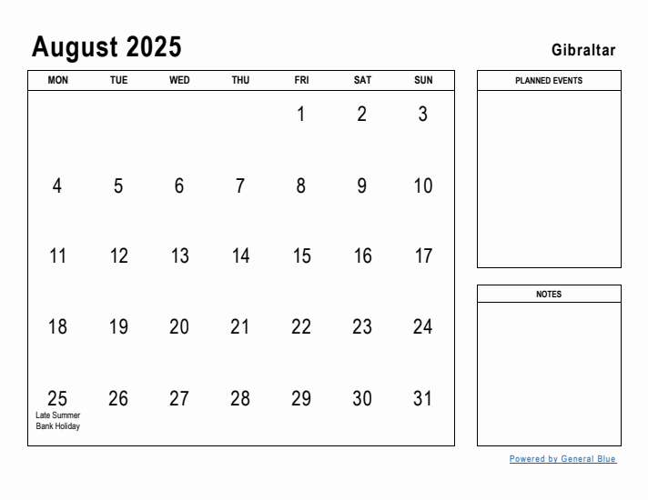 August 2025 Printable Monthly Calendar with Gibraltar Holidays