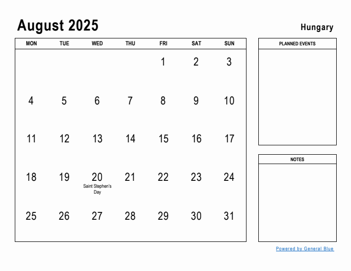 August 2025 Printable Monthly Calendar with Hungary Holidays